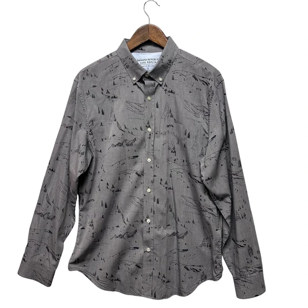 Banana Republic Shirt Mens Button Down Sz L Gray Ski Skier Luxe Poplin Slim Fit
